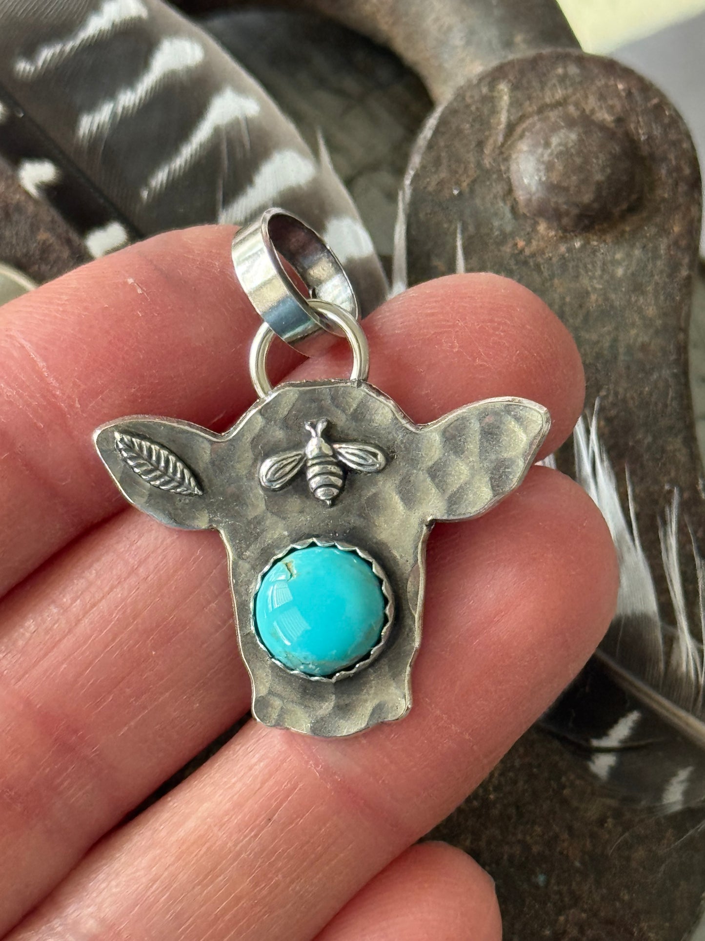 Cow sterling pendant with Lone Mountain Turquoise