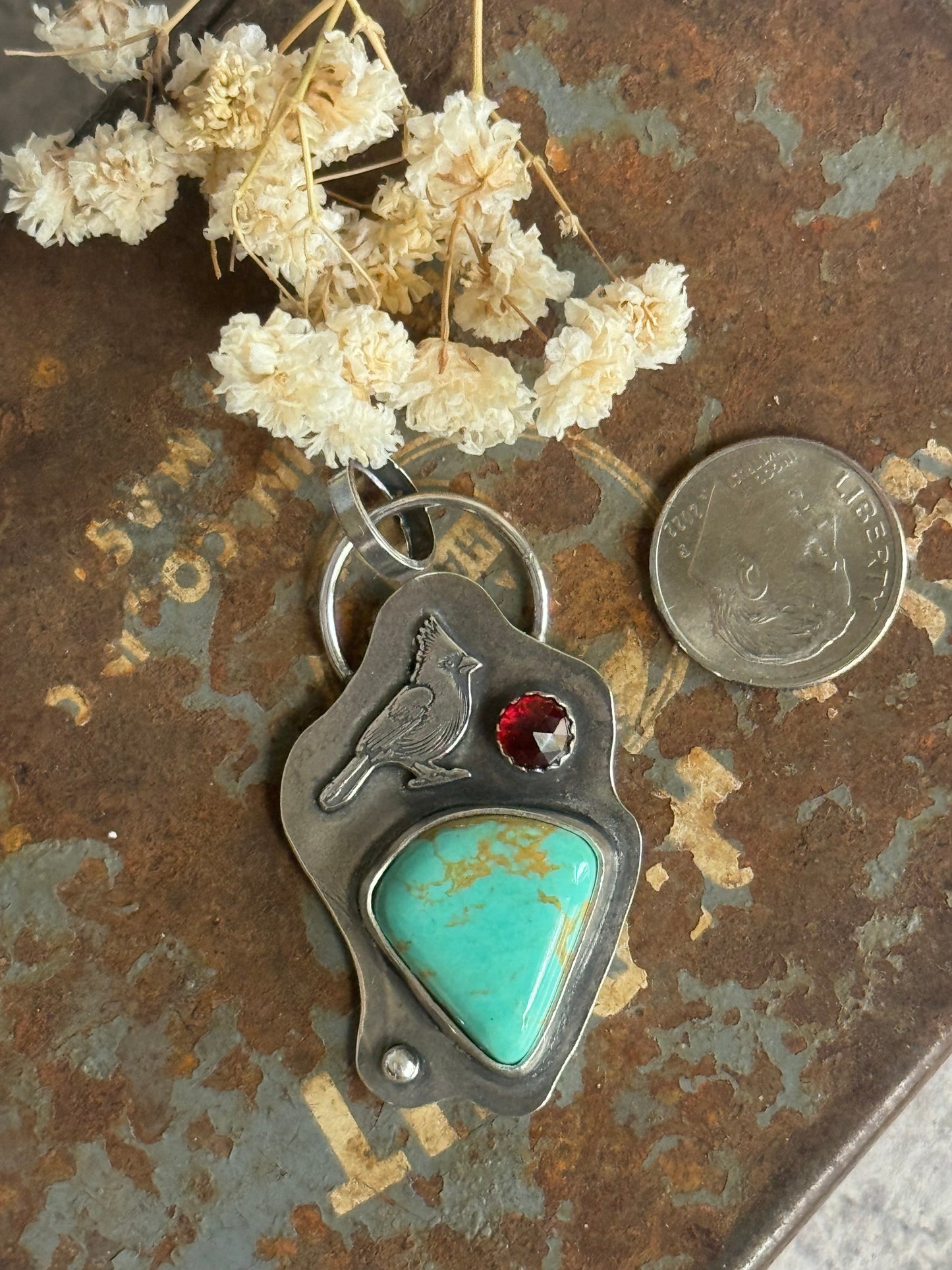 Cardinal sterling pendant with Tyrone Turquoise and Garnet accent
