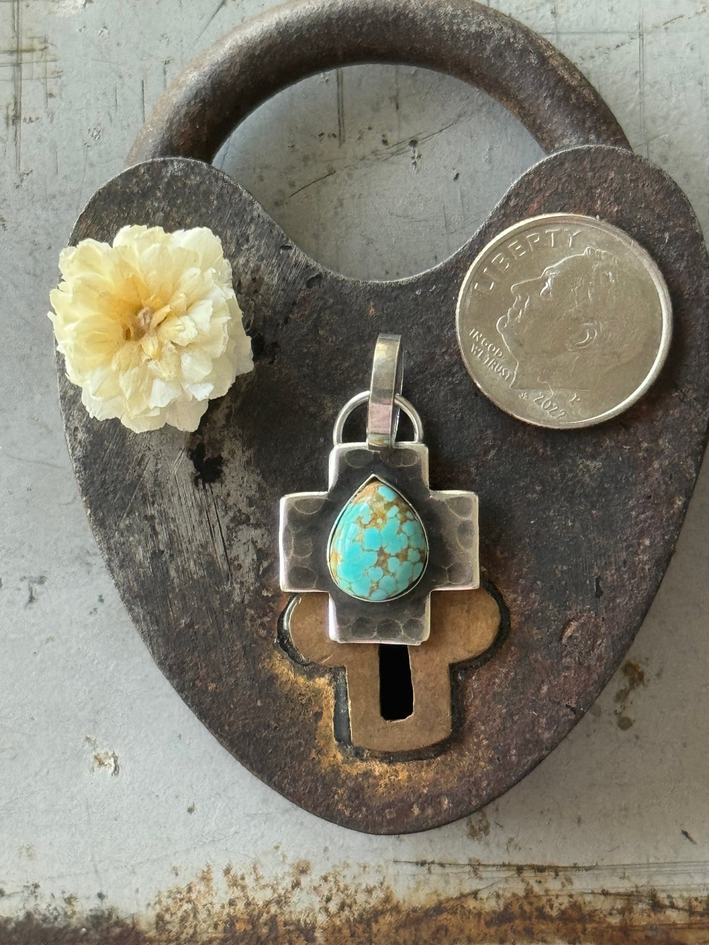Sterling cross pendant with Number 8 Turquoise