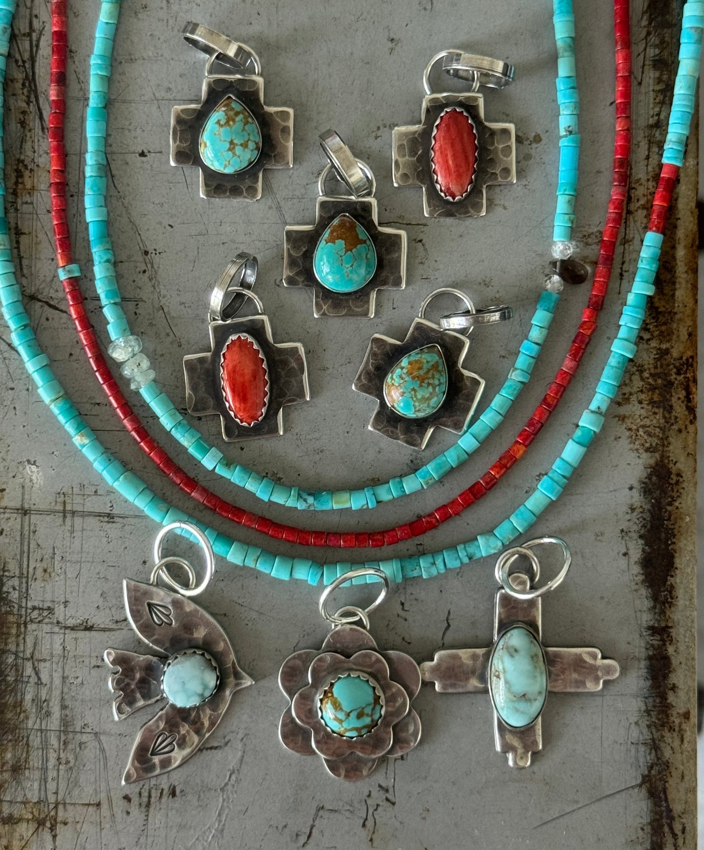 Double Flower pendant with Number 8 Turquoise