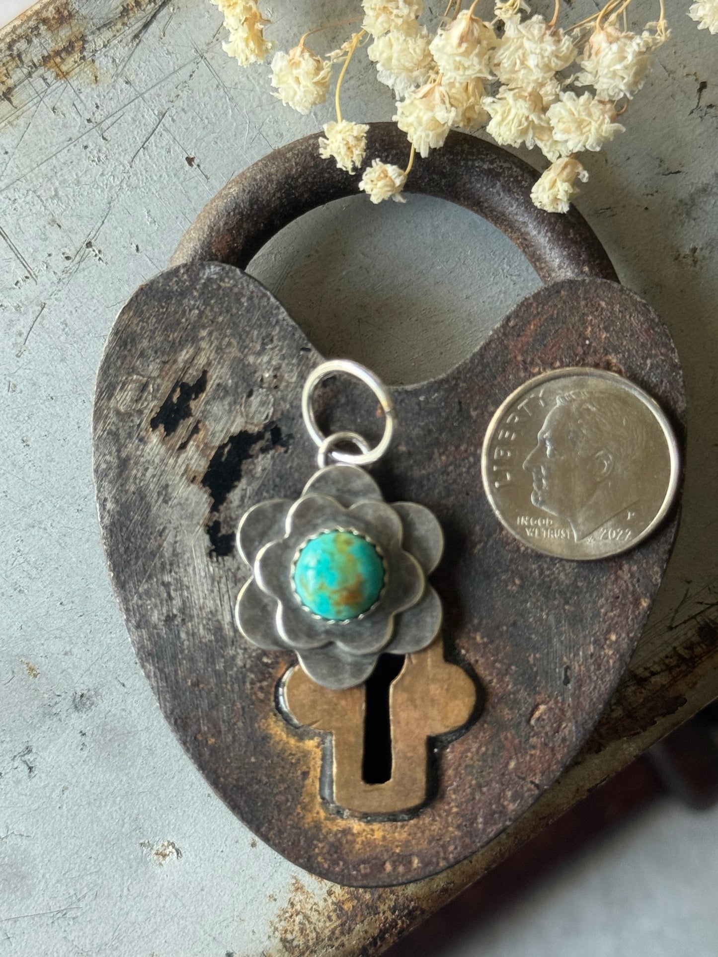 Double Flower pendant with Number 8 Turquoise