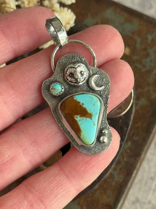 Owl and Moon sterling pendant with Royston Turquoise