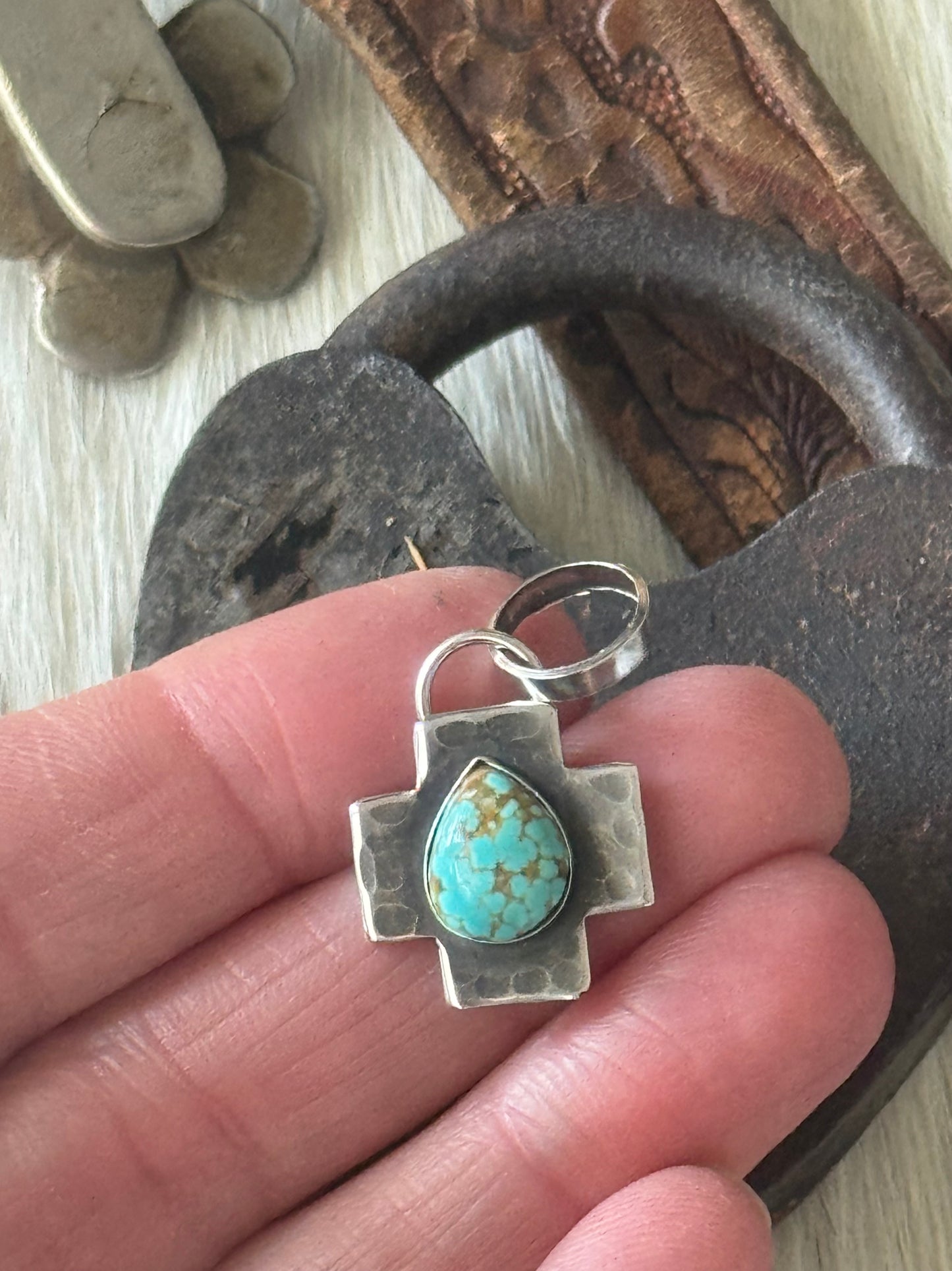 Sterling cross pendant with Number 8 Turquoise
