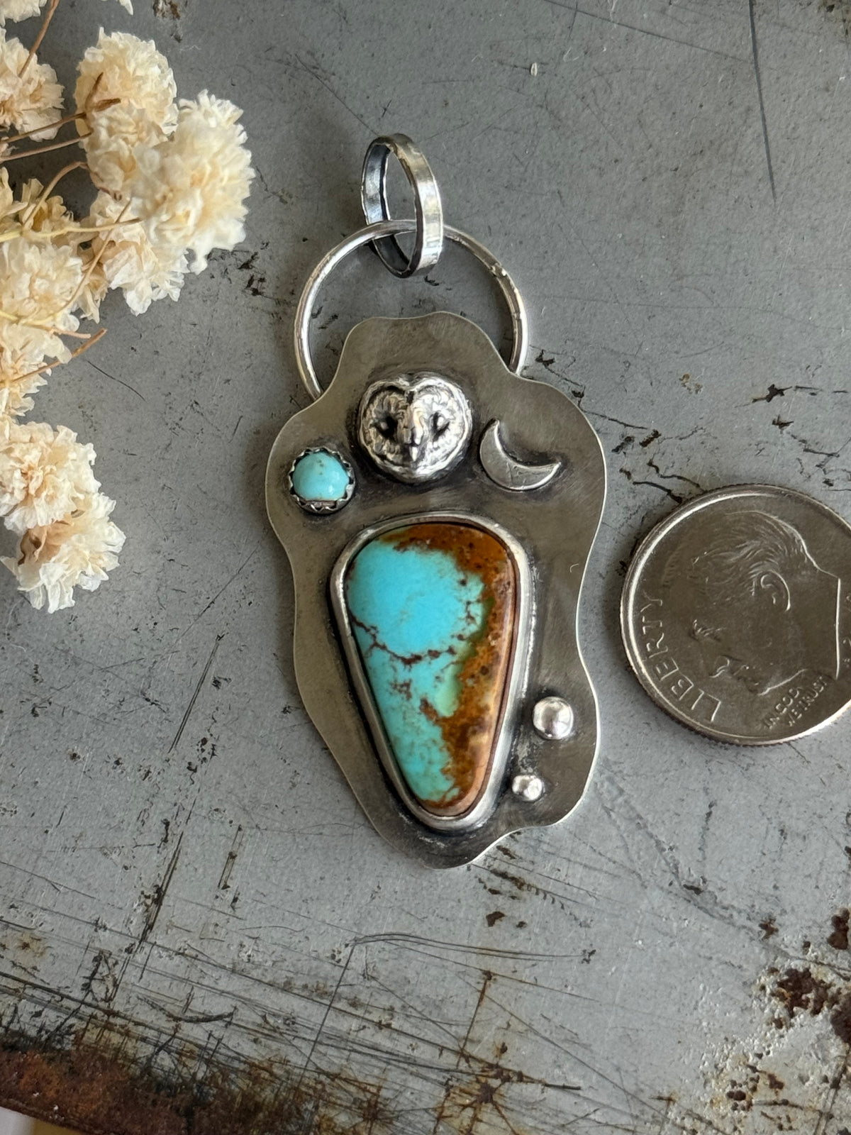 Owl and Moon sterling pendant with Royston Turquoise