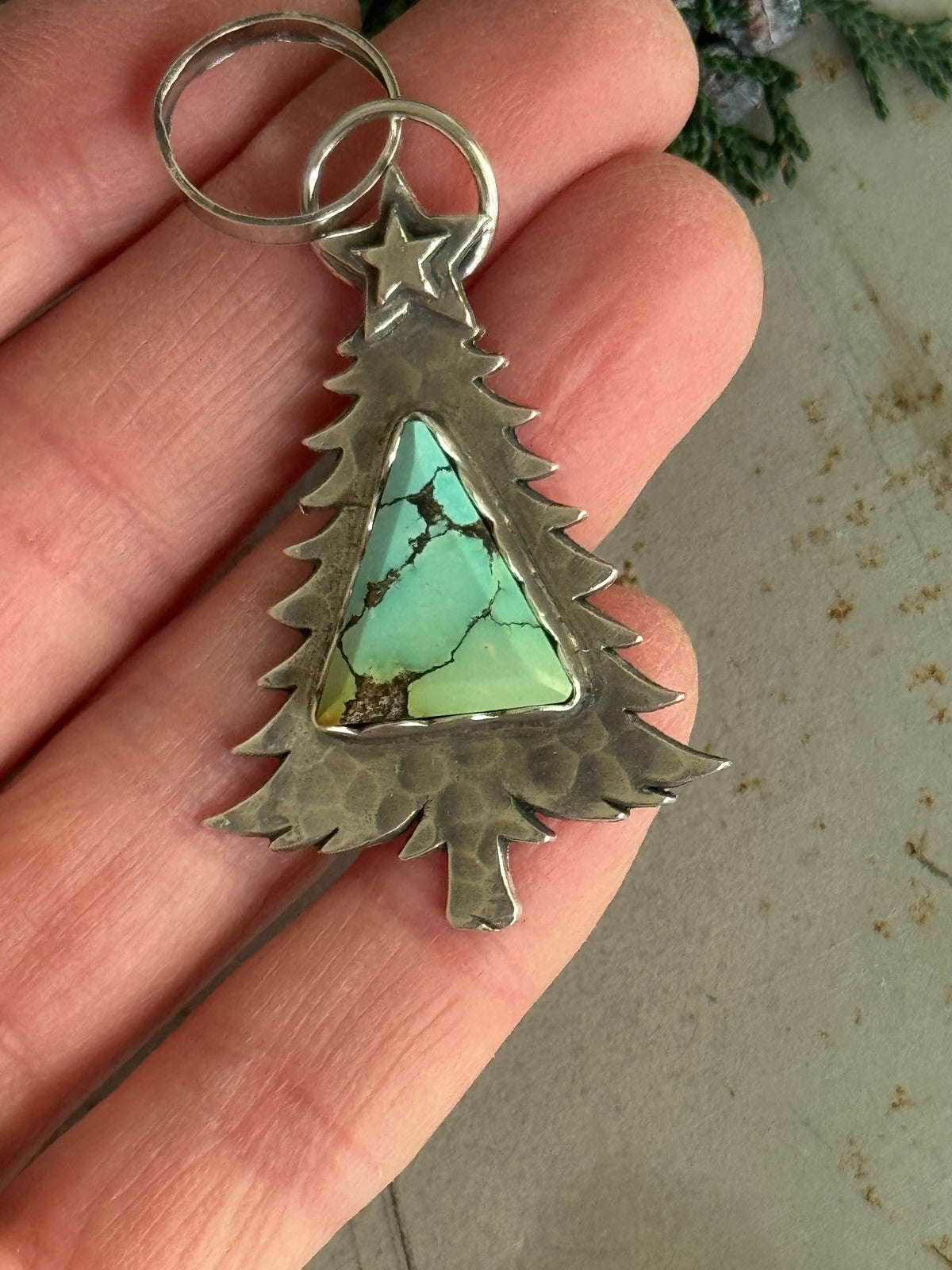 Christmas tree sterling pendant with Treasure Mountain Turquoise