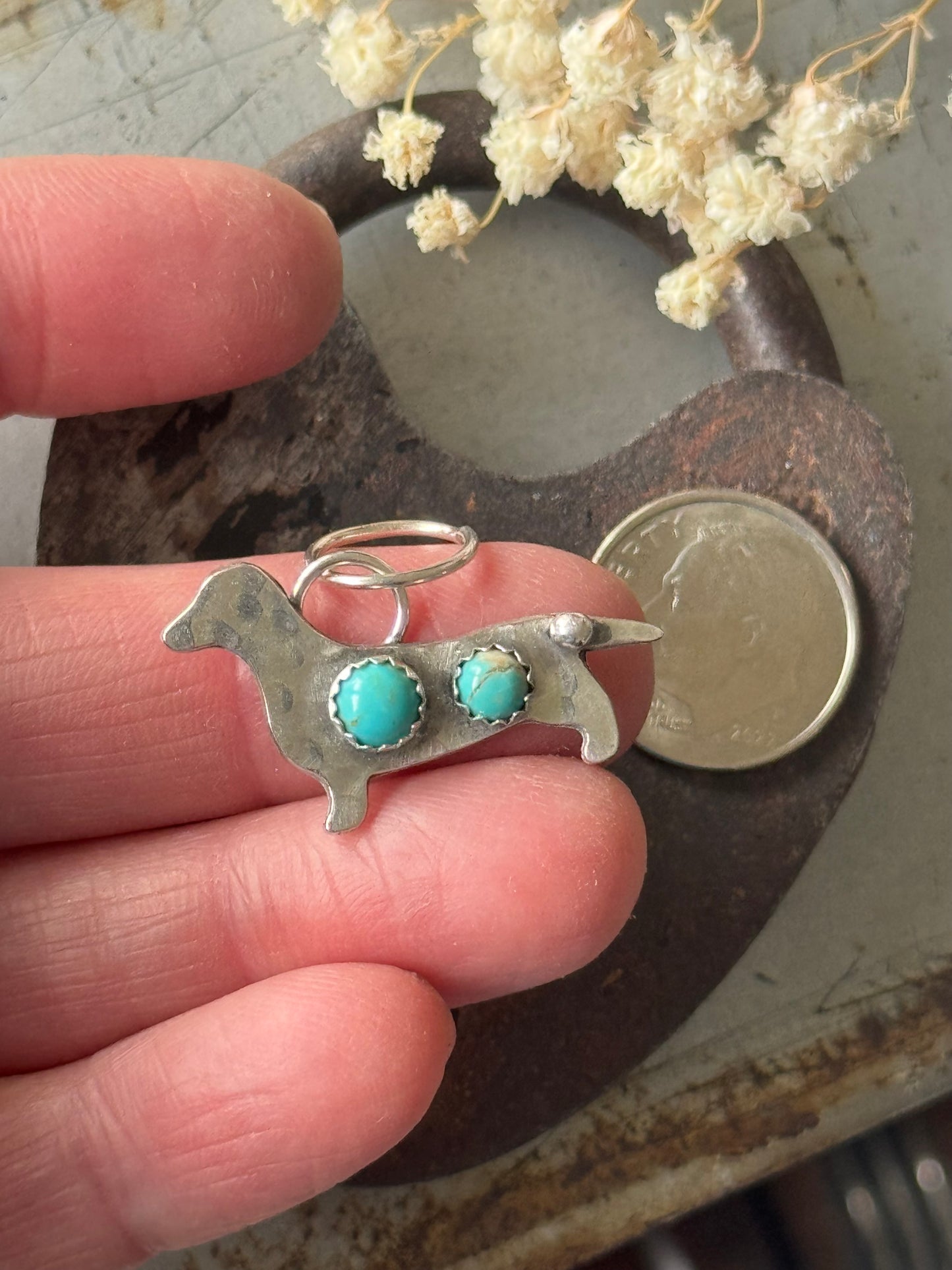 Dachshund sterling pendant with Kingman Turquoise