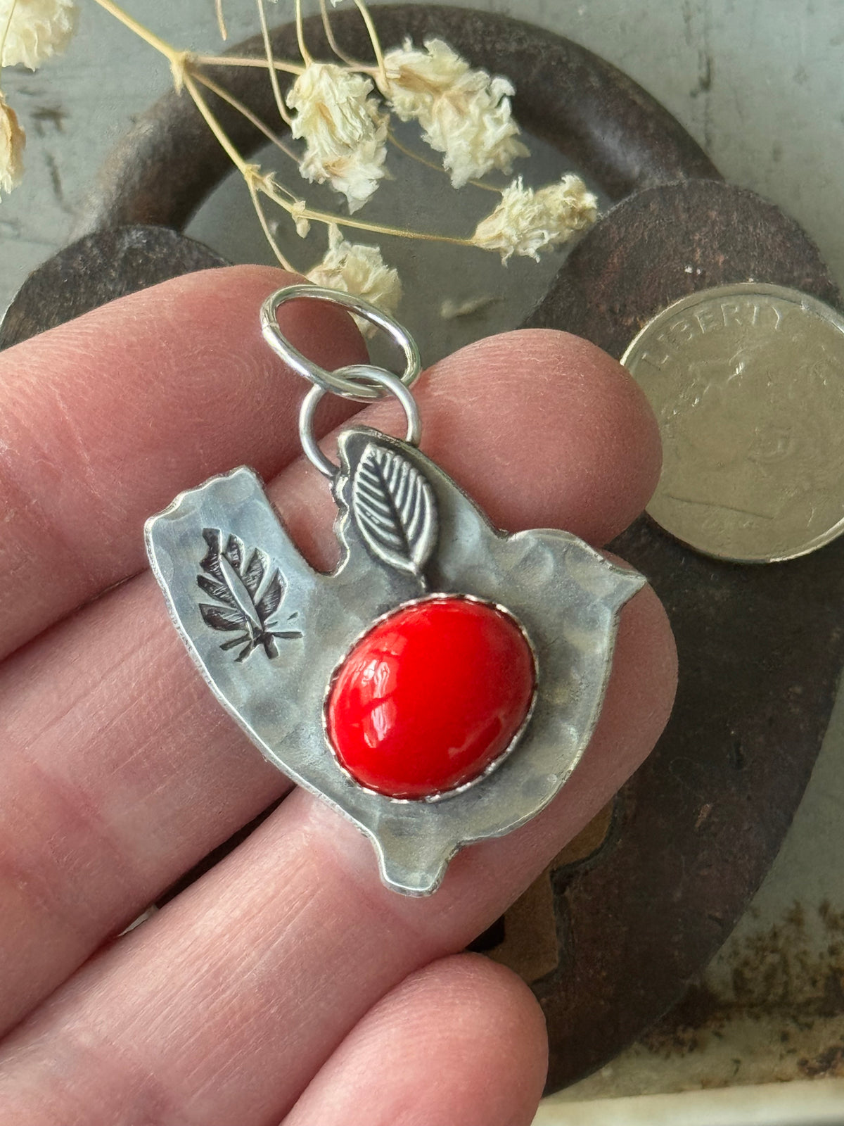 Large Sweet birdie sterling pendant with Rosarita