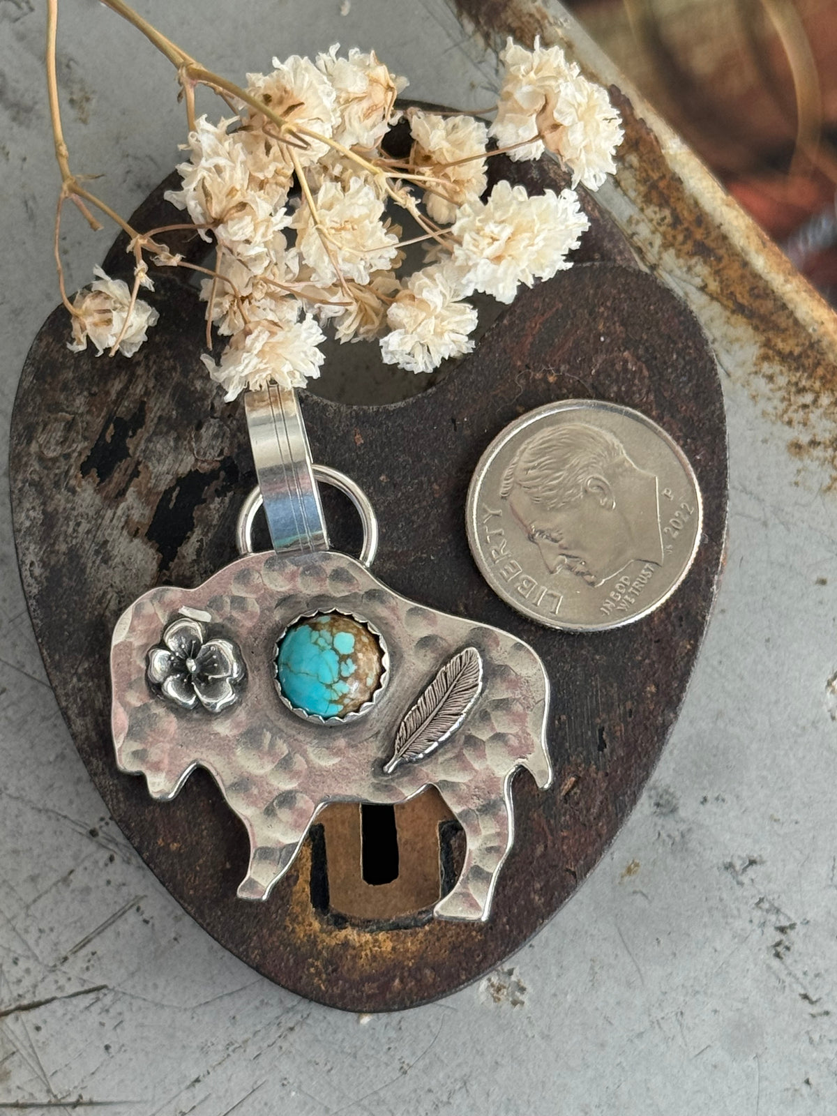 Bison sterling pendant with Number 8 Turquoise