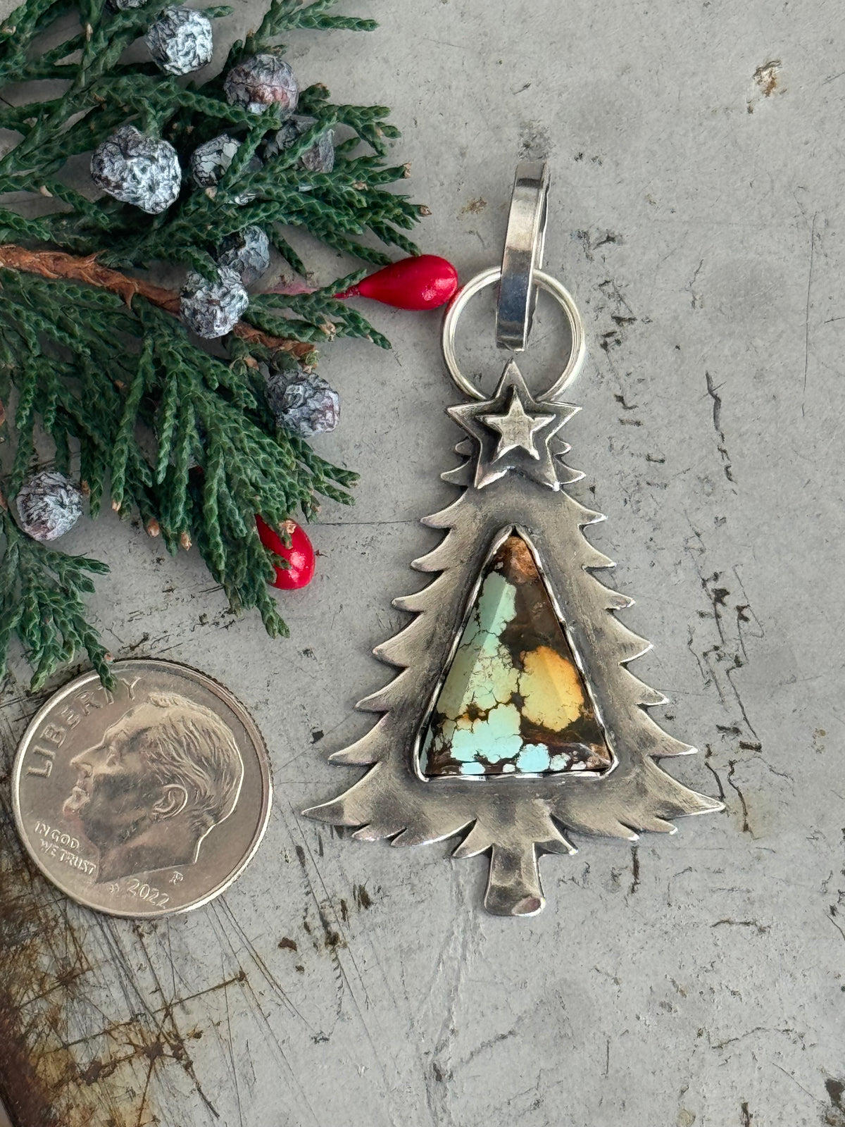 Christmas tree sterling pendant with Treasure Mountain Turquoise