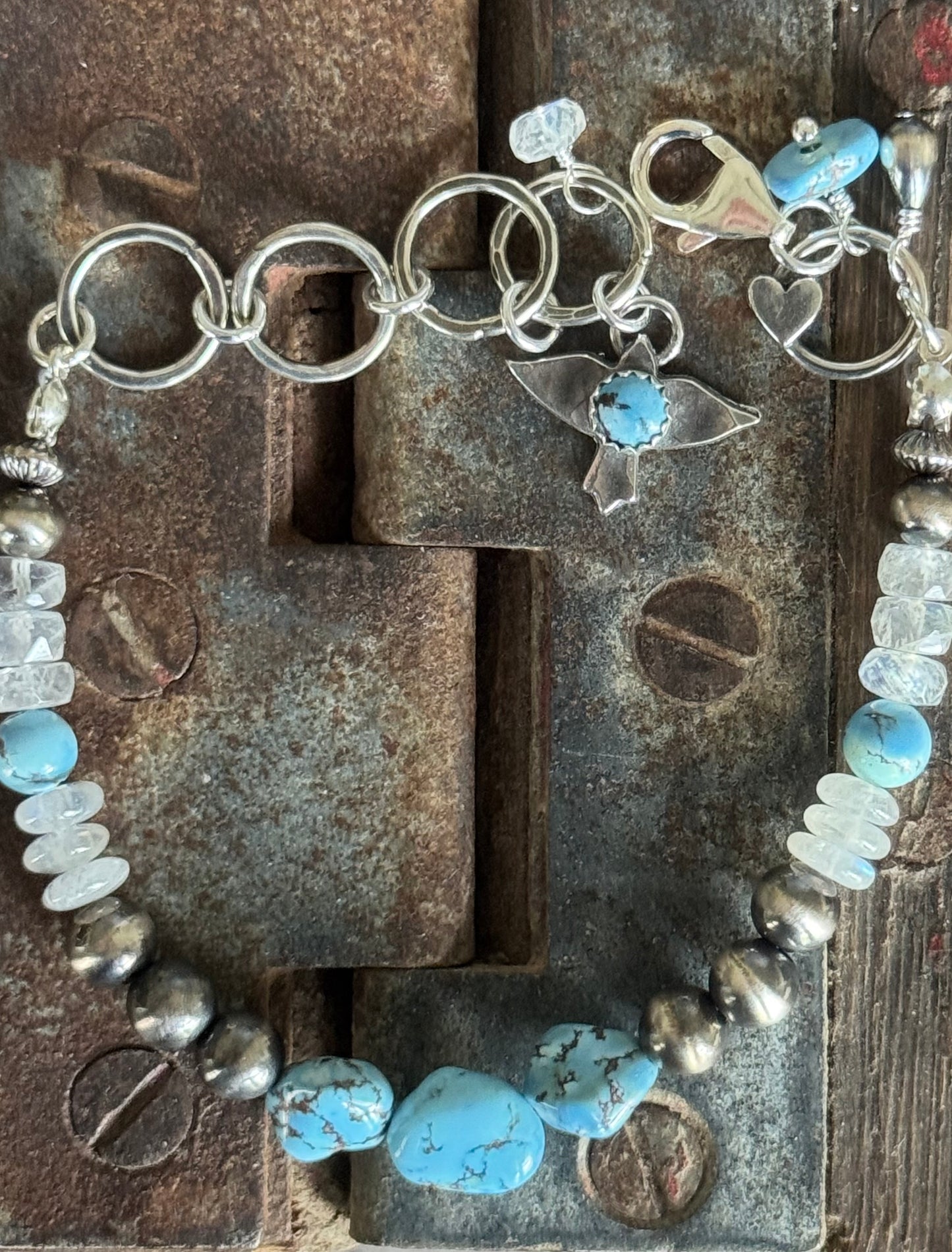 Artisan Golden Hills Turquoise and Rainbow Moonstone sterling bracelet