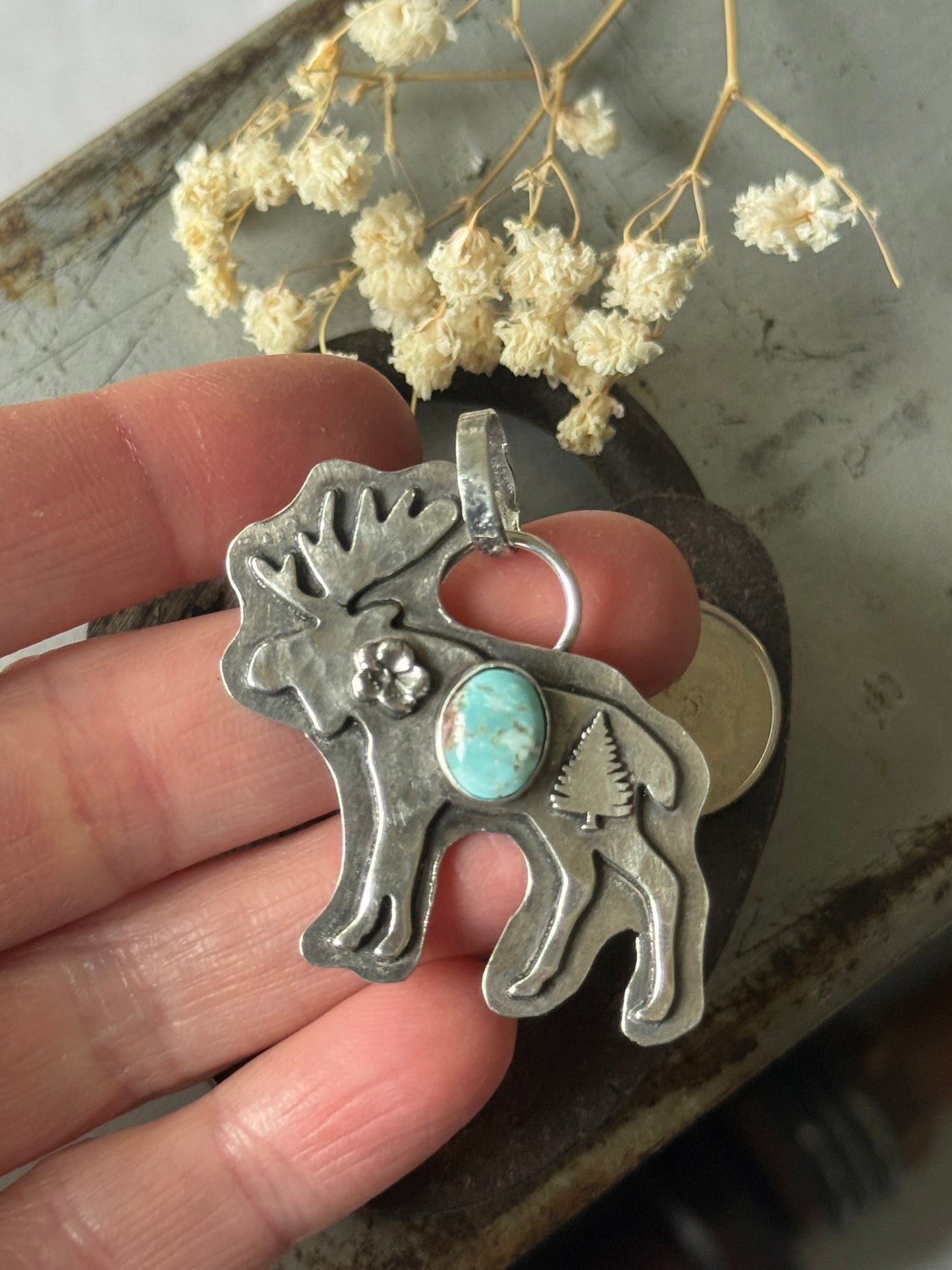 Dry Creek Turquoise Moose sterling pendant