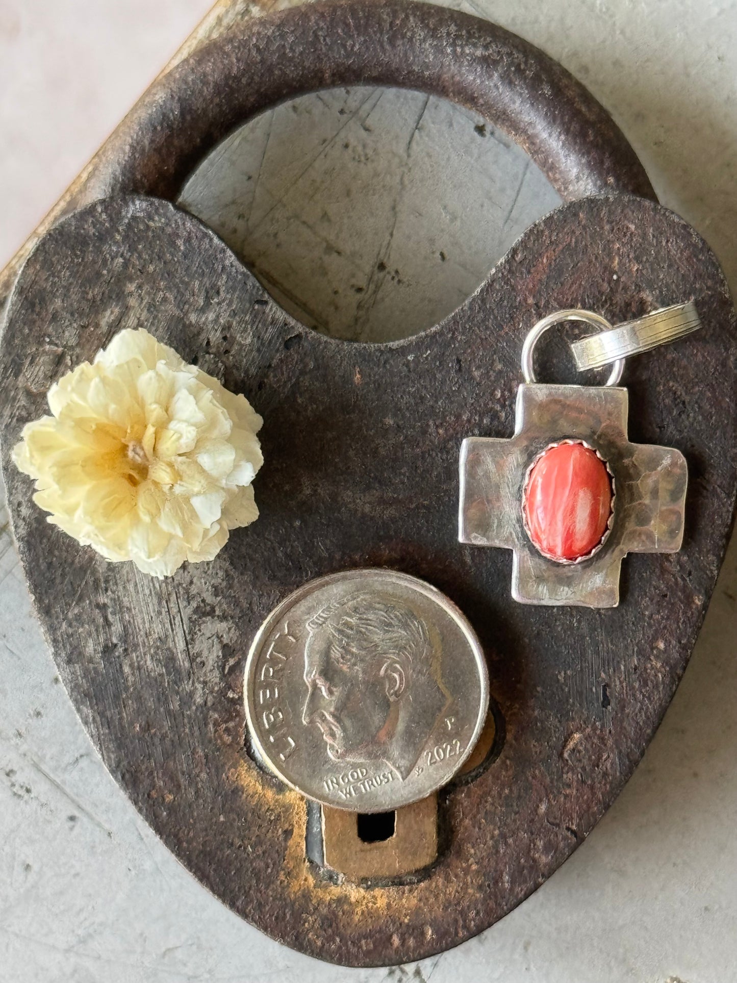 Red Spiny Oyster sterling cross pendant
