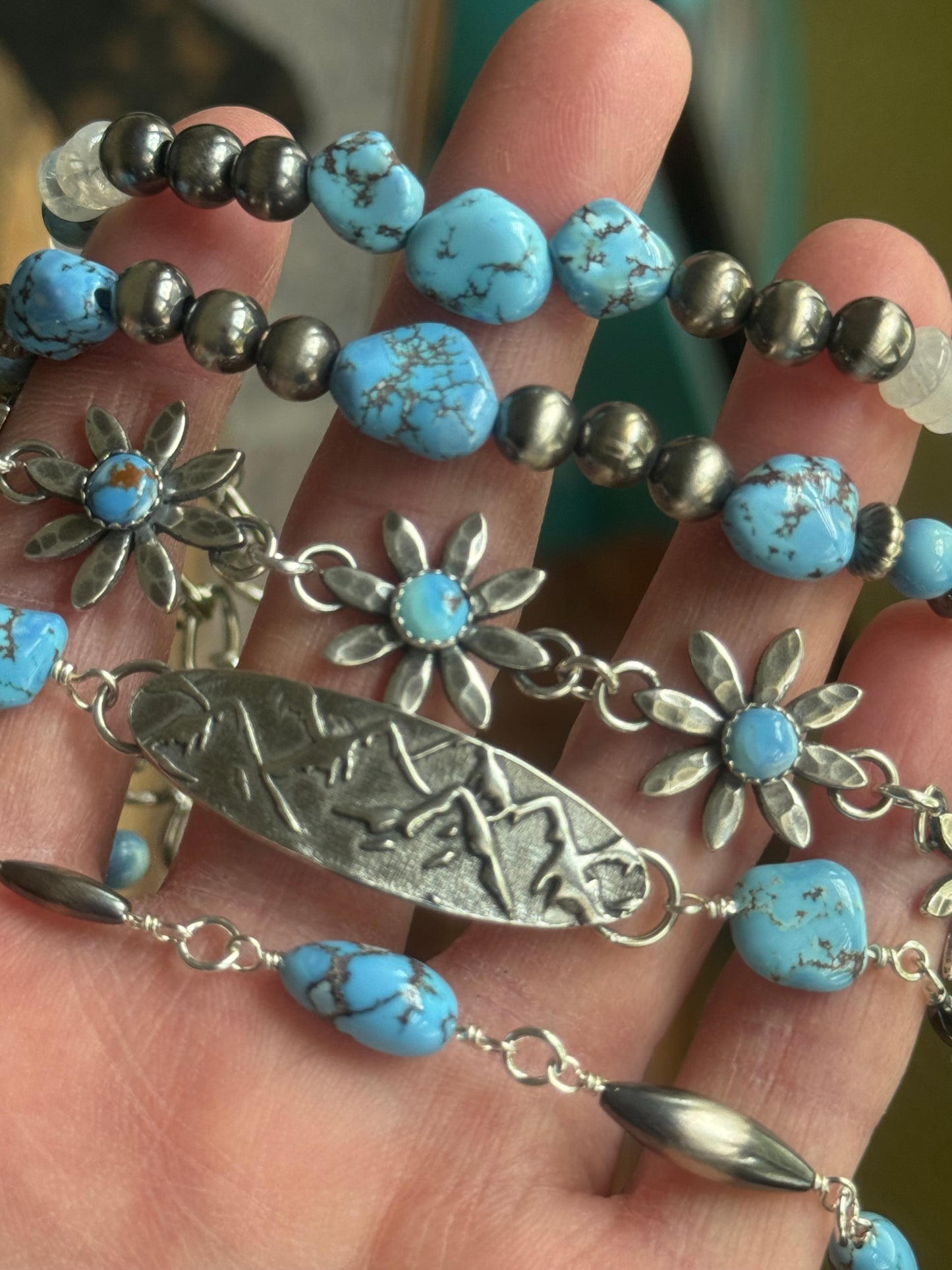 Artisan Golden Hills Turquoise and Rainbow Moonstone sterling bracelet