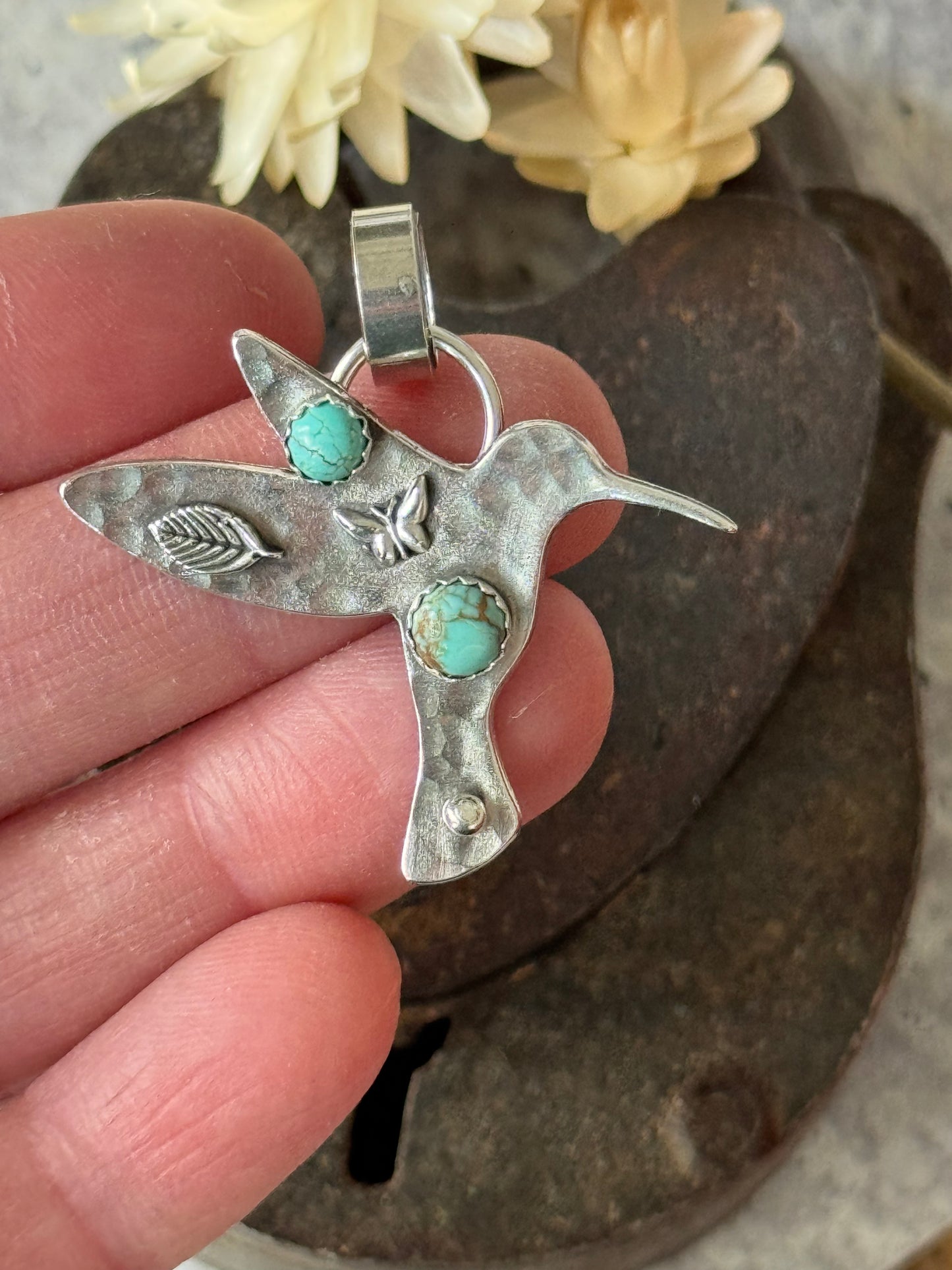 Hummingbird sterling pendant with Number 8 Turquoise
