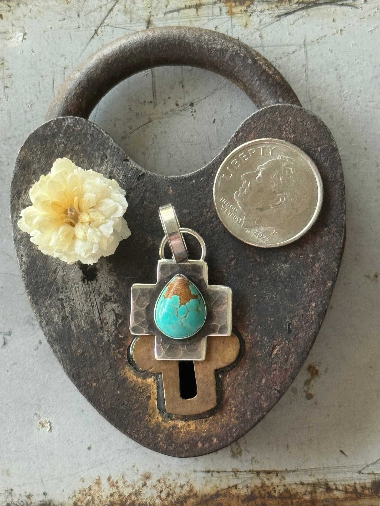Sterling cross pendant with Number 8 Turquoise