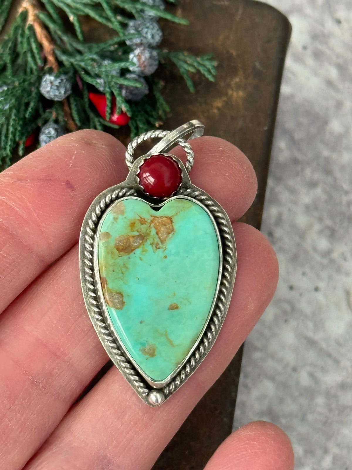 Kingman Turquoise sterling heart pendant with Mediterranean Coral