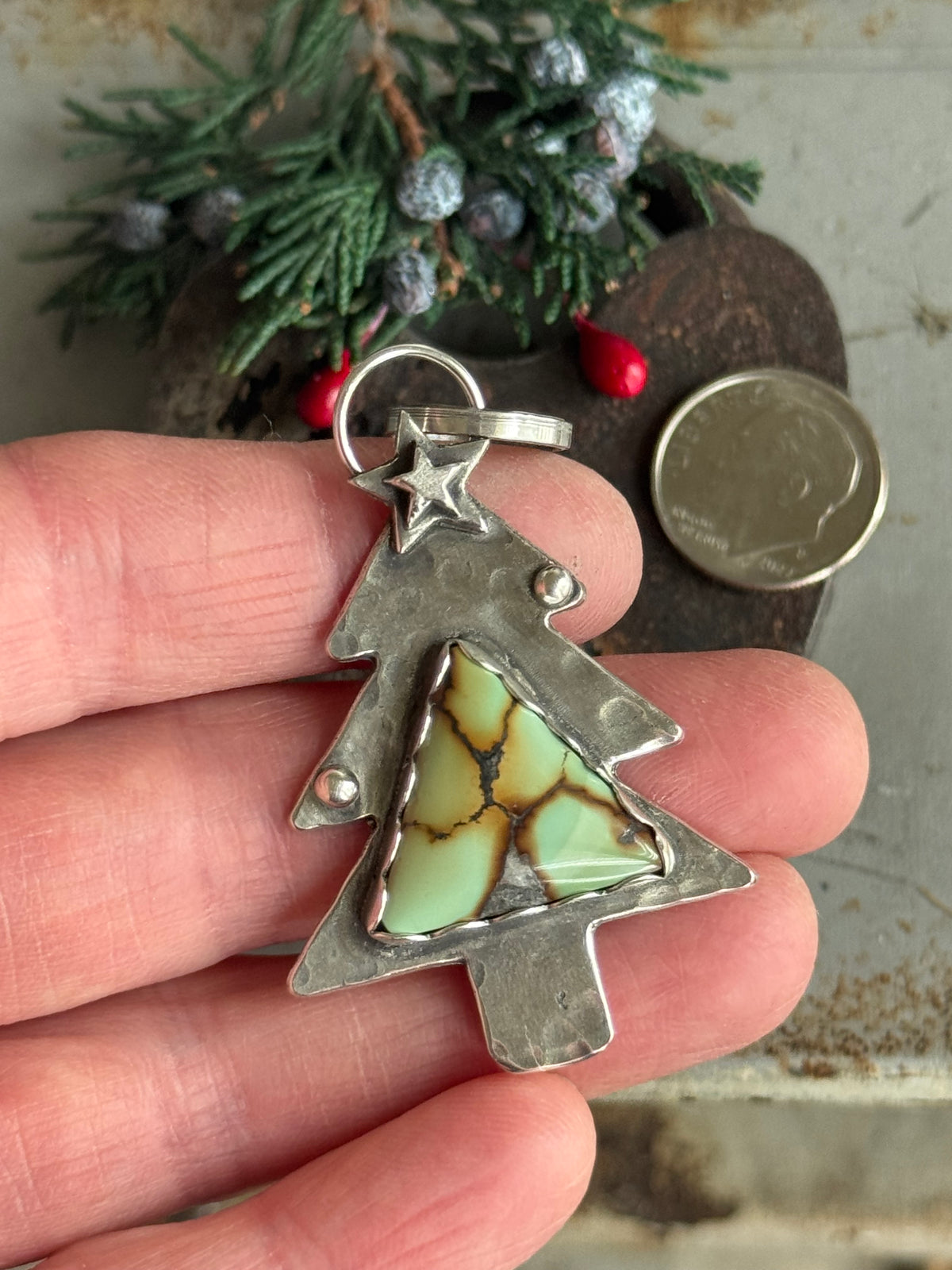 Christmas tree sterling pendant with Treasure Mountain Turquoise