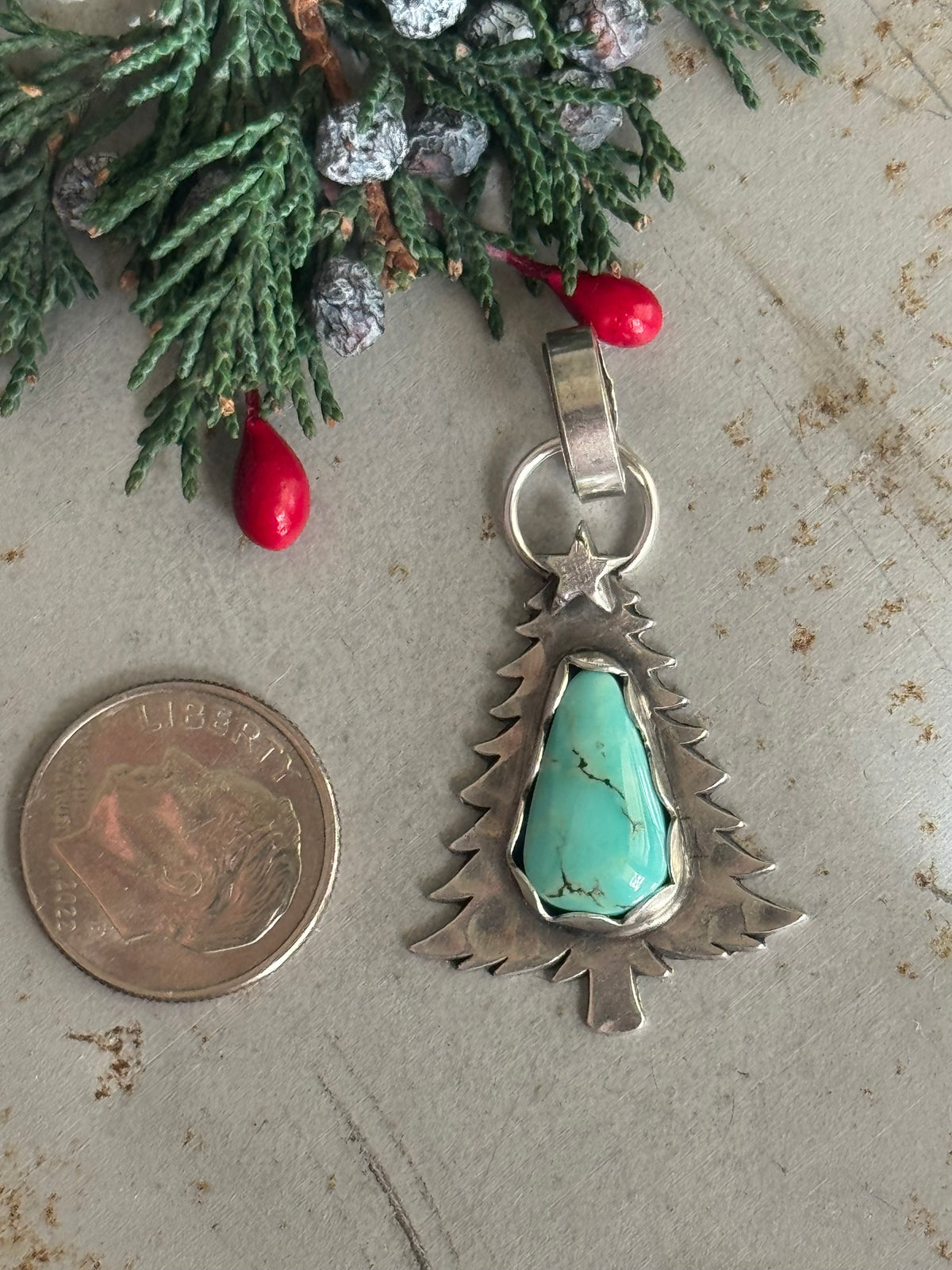 Small Christmas tree sterling pendant with Lone MountainTurquoise