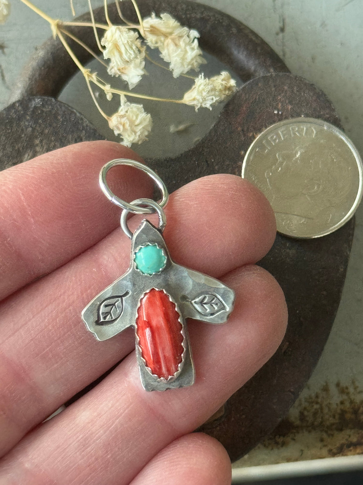 Flying birdie sterling pendant with Red Spiny Oyster