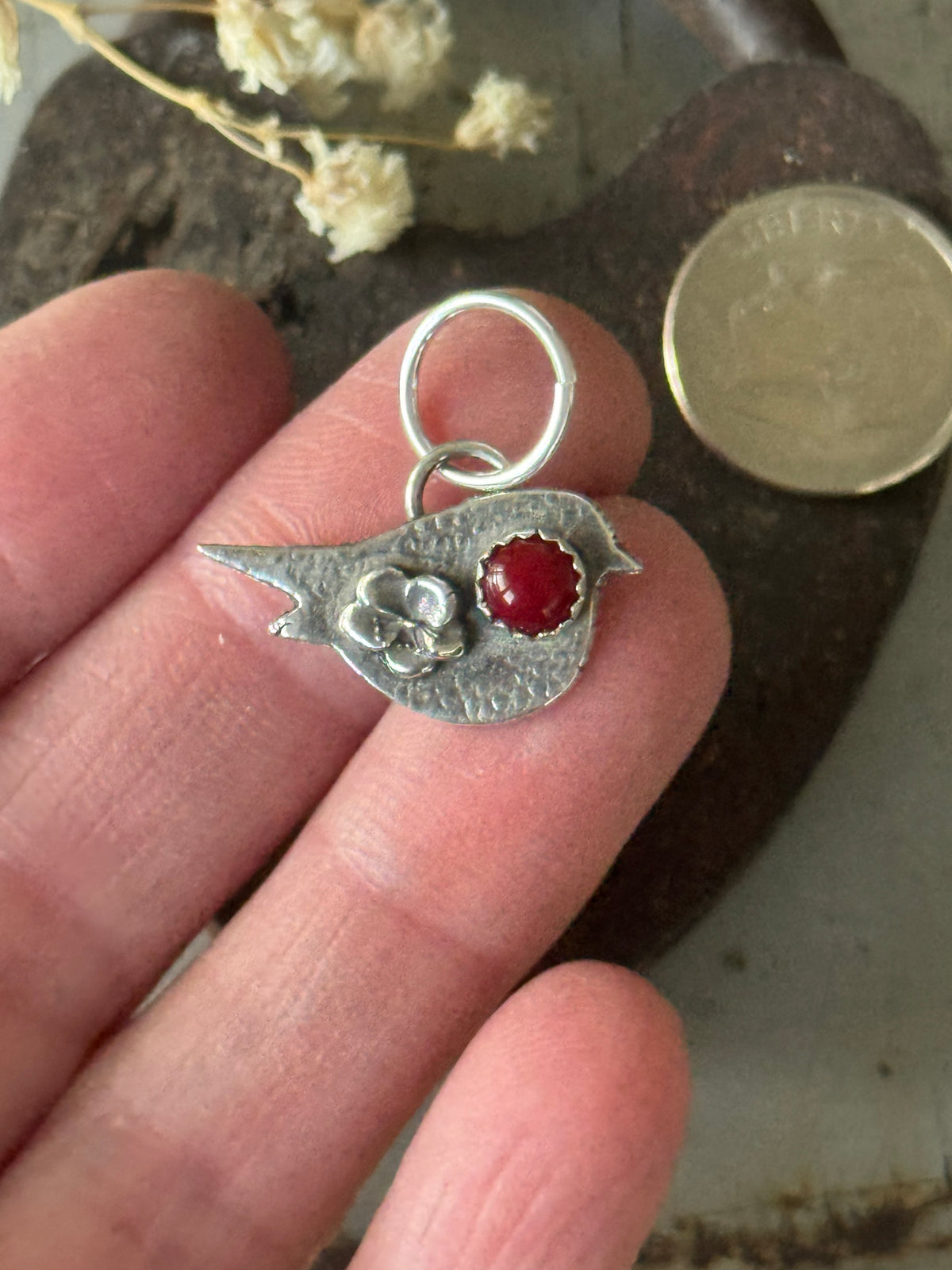 Sweet birdie sterling pendant with Mediterranean Coral