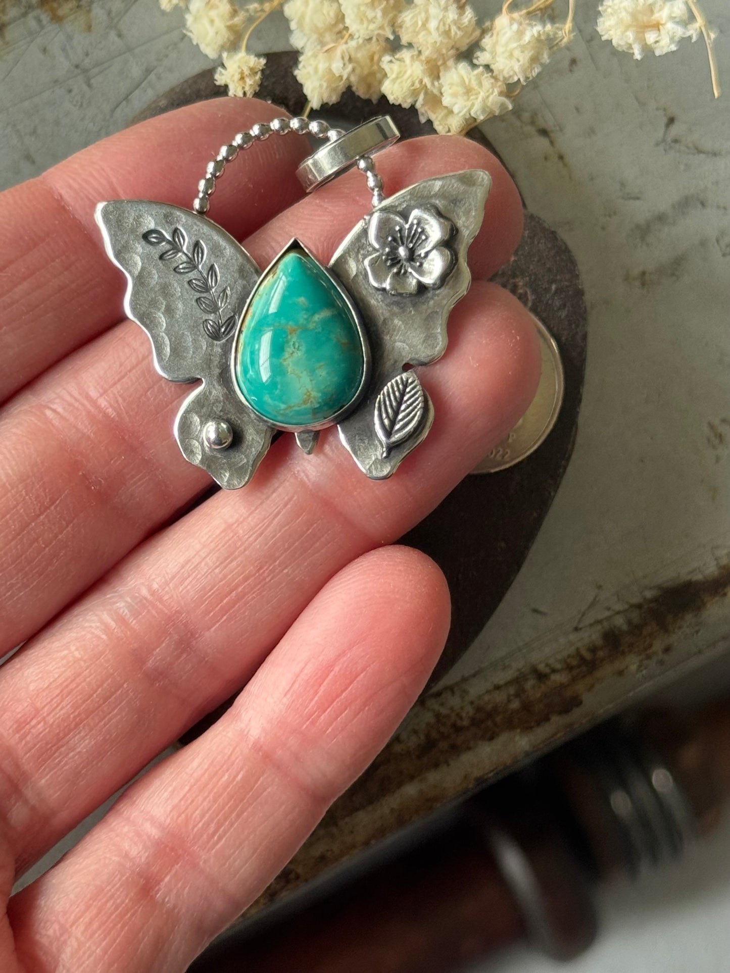 Sterling Butterfly Pendant with Campitos Turquoise