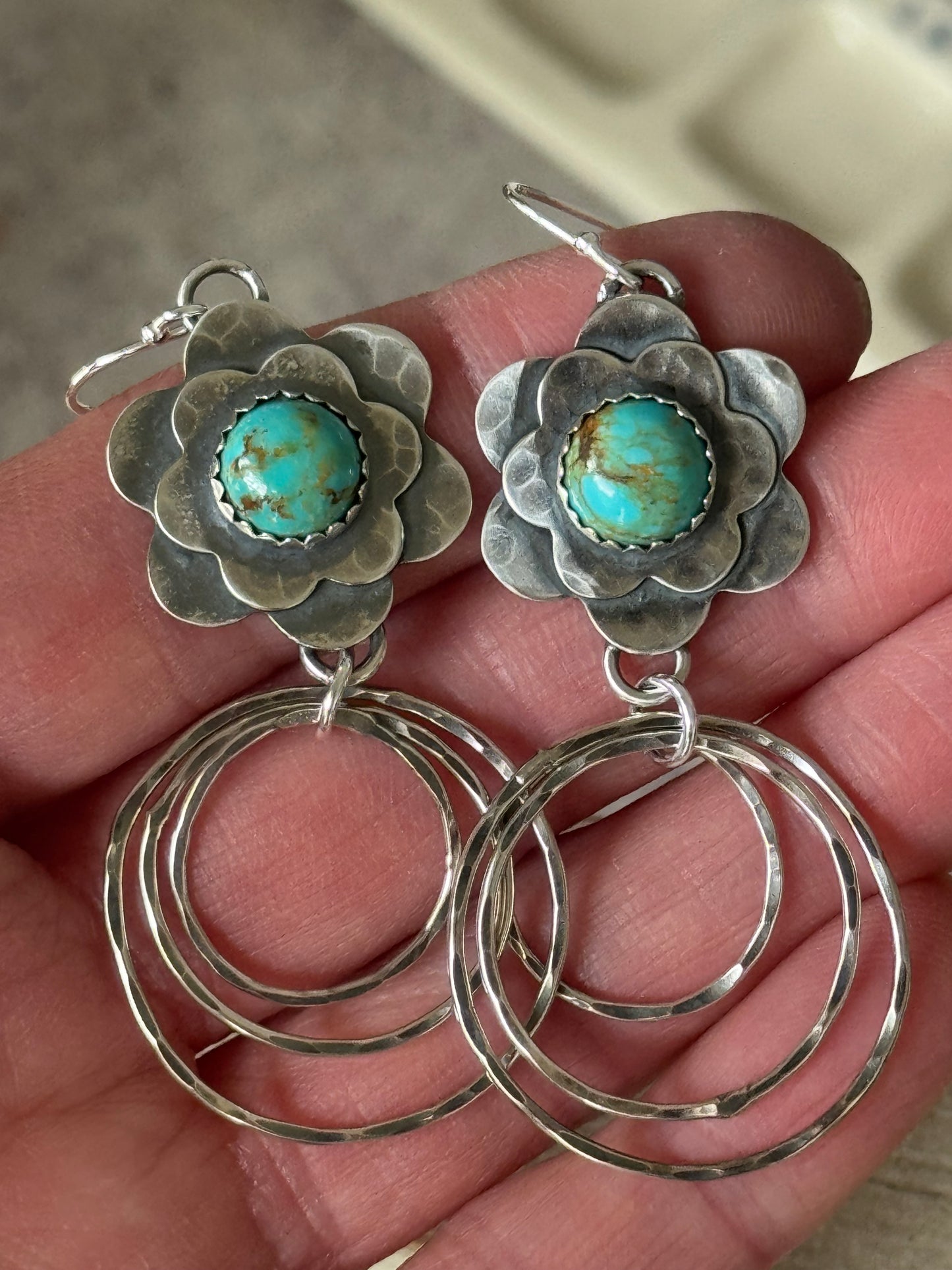 Kingman Turquoise Sterling flower hoop earrings