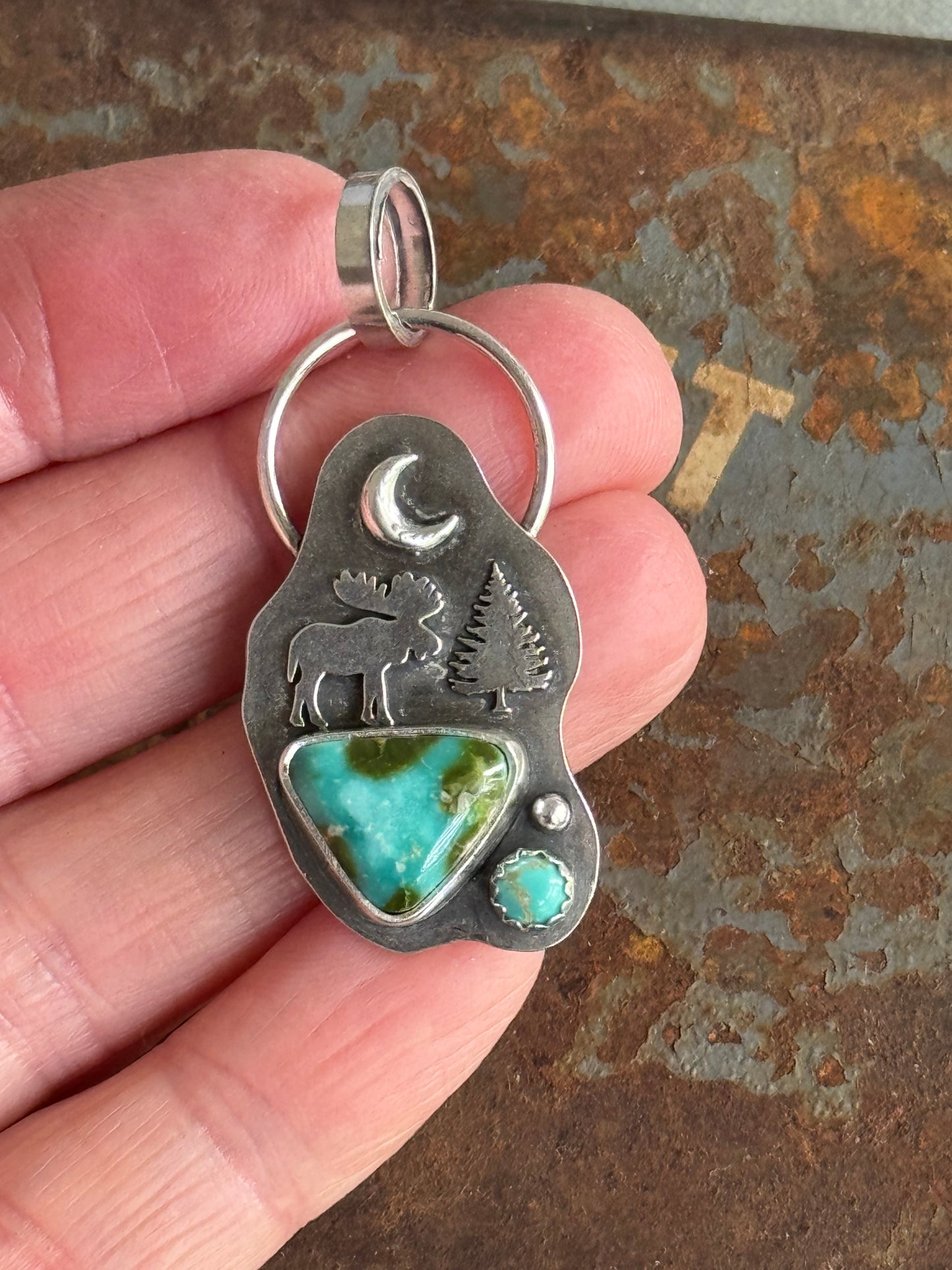 Sonoran Gold sterling Moose and Evergreen pendant