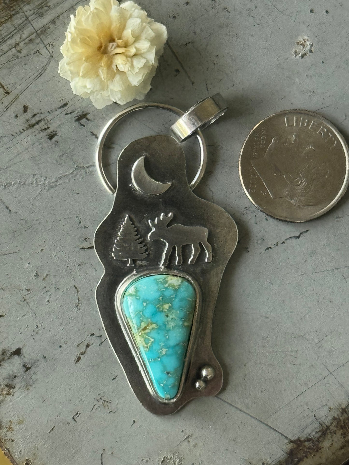 Turquoise Mountain Moose and evergreen sterling pendant