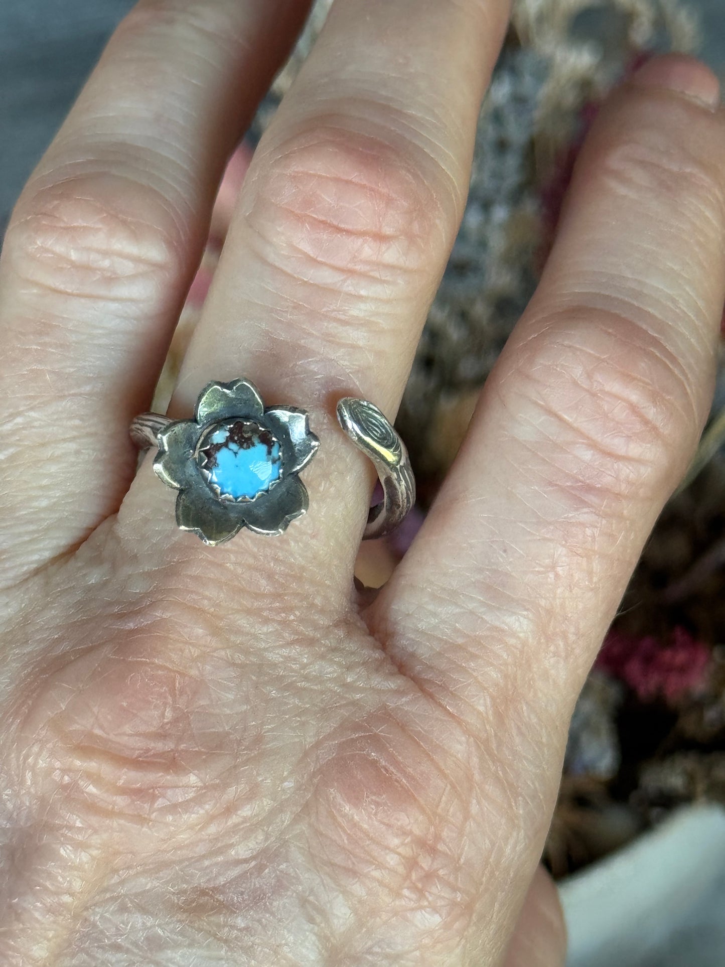 Twig wrap around sterling ring with Golden Hills Turquoise