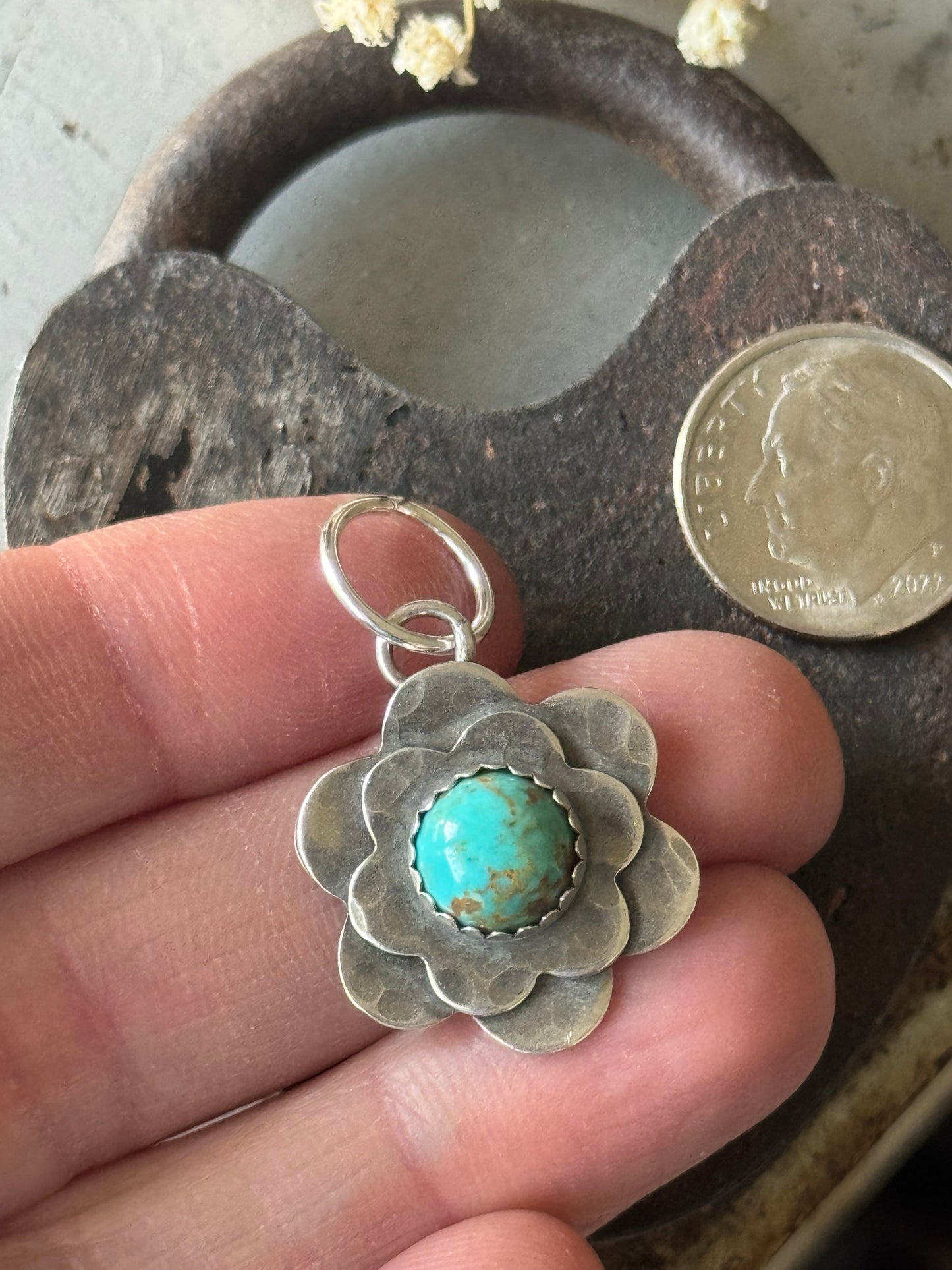 Double Flower pendant with Number 8 Turquoise