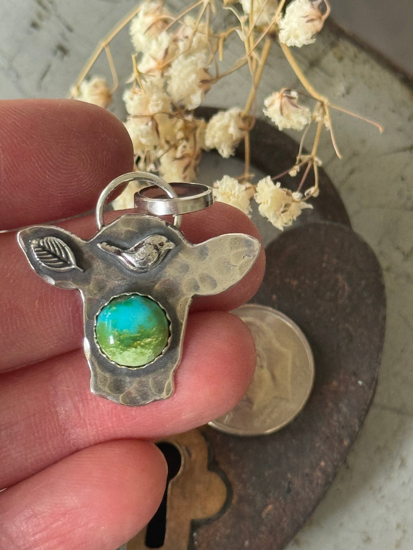 Sonoran Gold Turquoise sterling cow pendant