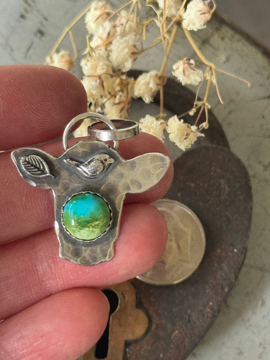 Sonoran Gold Turquoise sterling cow pendant