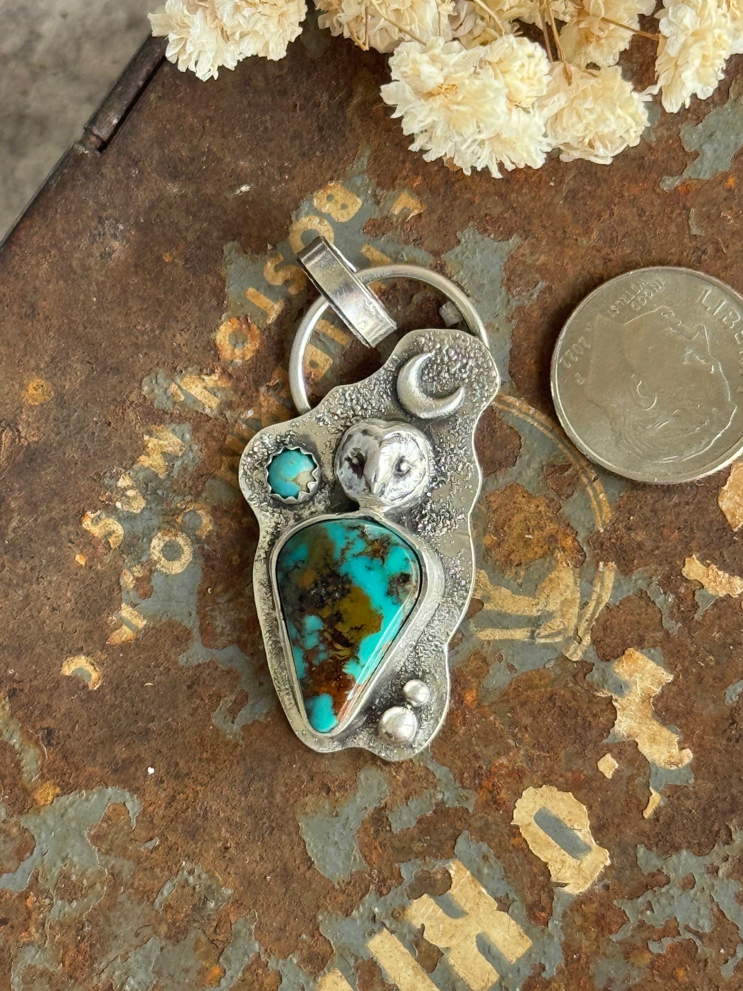 Pilot Mountain Owl and Moon sterling pendant