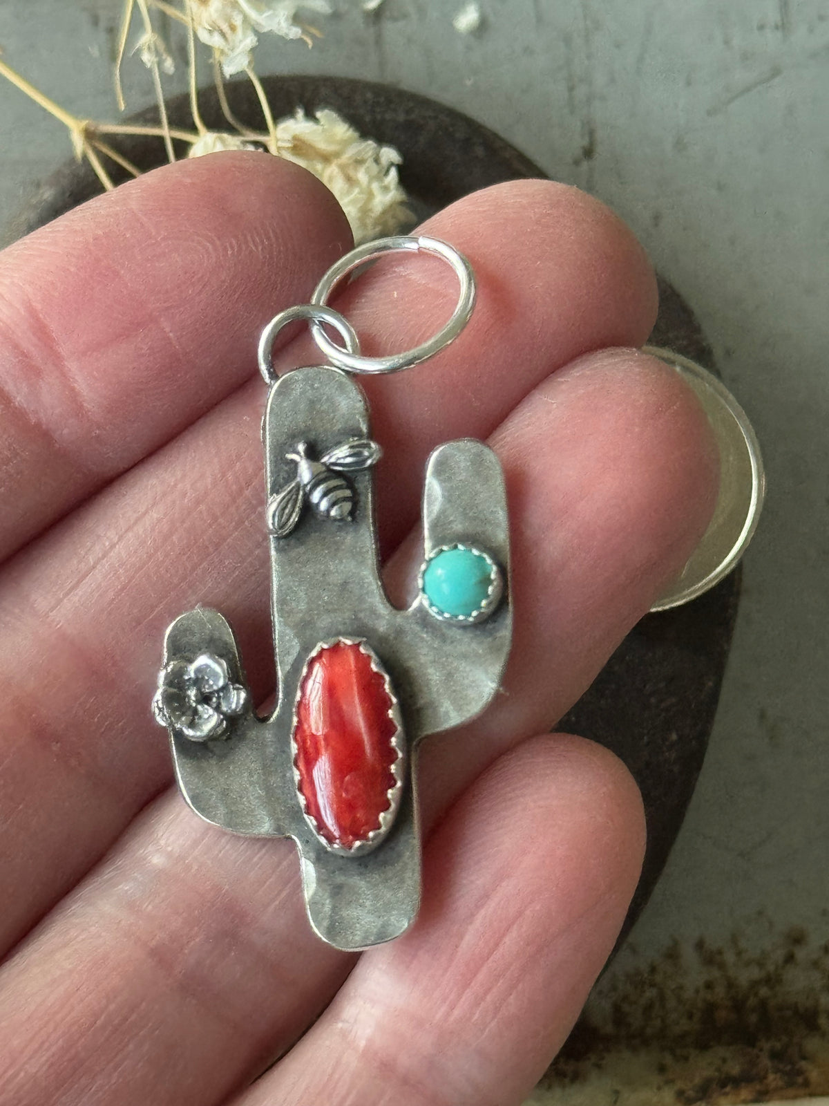Cactus sterling pendant with Red Spiny Oyster and Kingman Turquoise