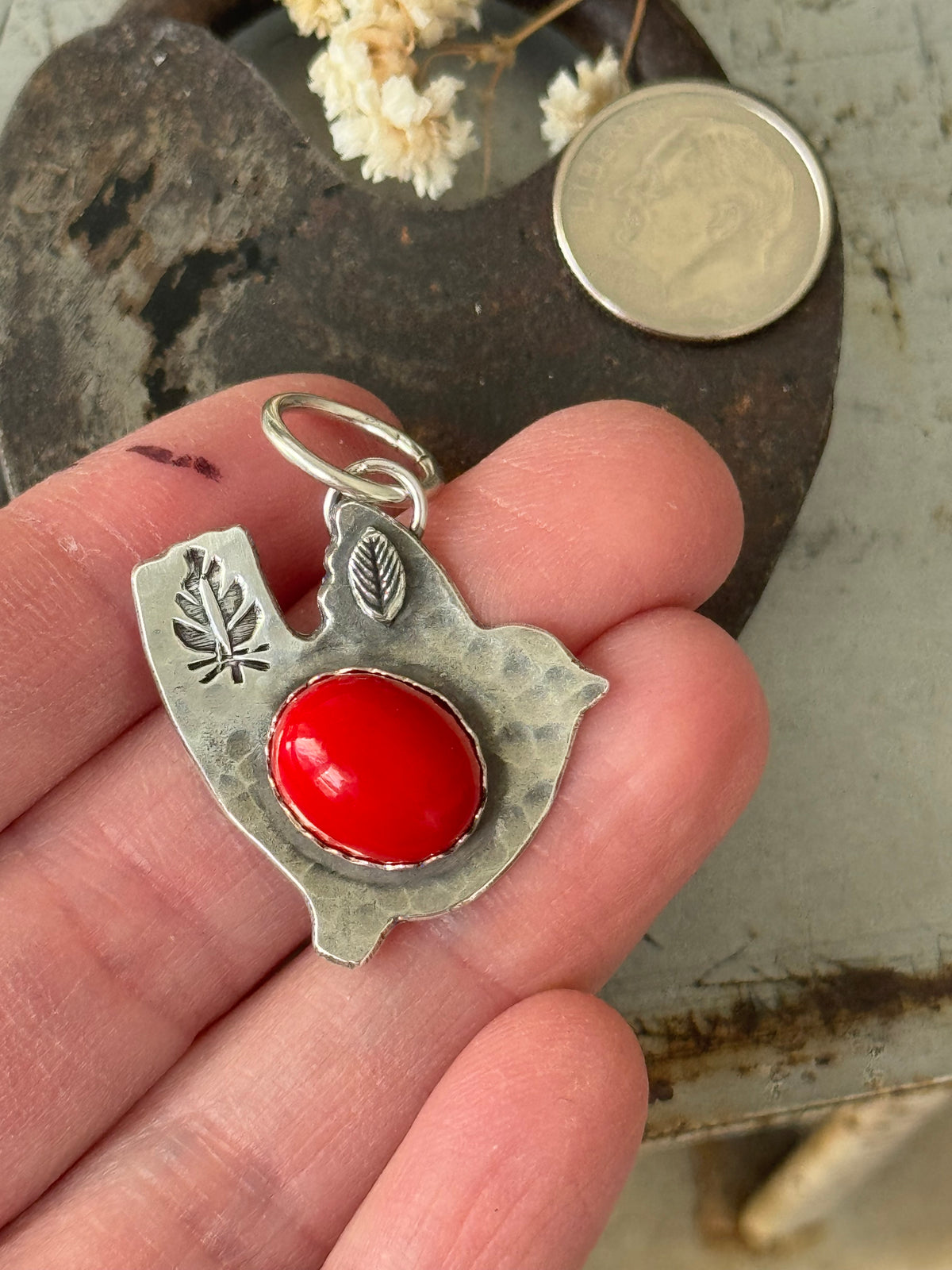 Reserved for Darlene Large Sweet birdie sterling pendant with Rosarita
