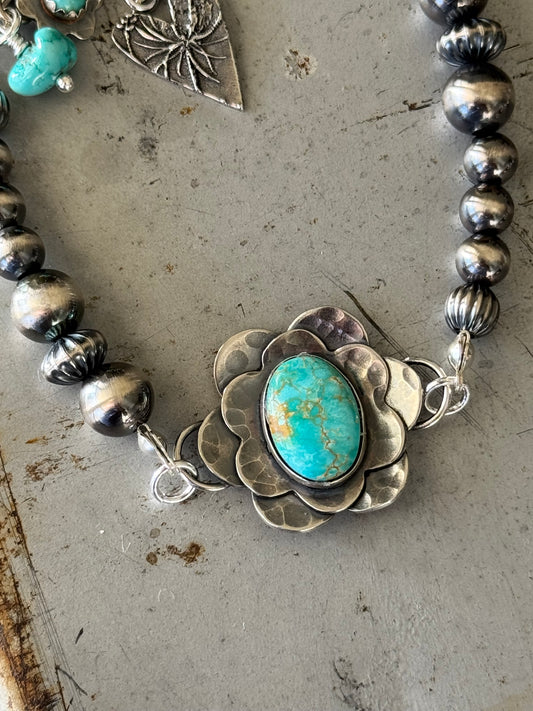 Lone Mountain Turquoise double bloom Navajo Pearl bracelet