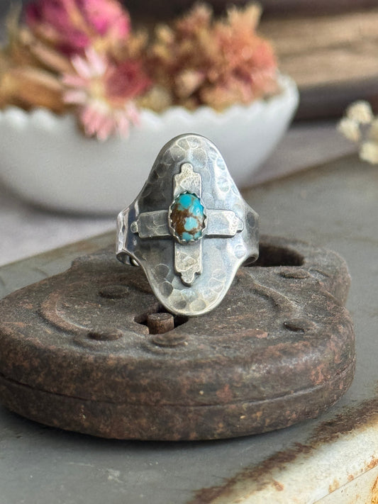 SMALL Sterling Concho Lone Mountain Turquoise Cross Saddle ring