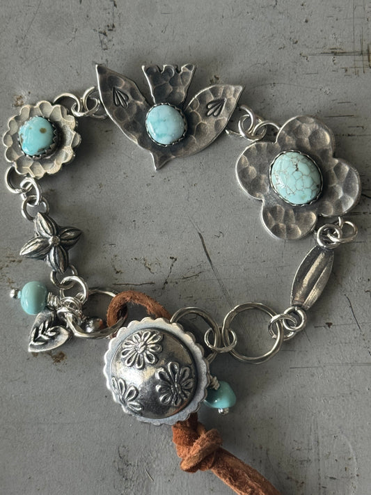 Dry Creek Turquoise sterling and suede leather button bracelet