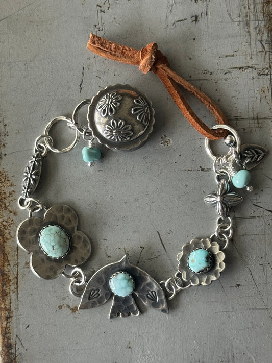 Dry Creek Turquoise sterling and suede leather button bracelet