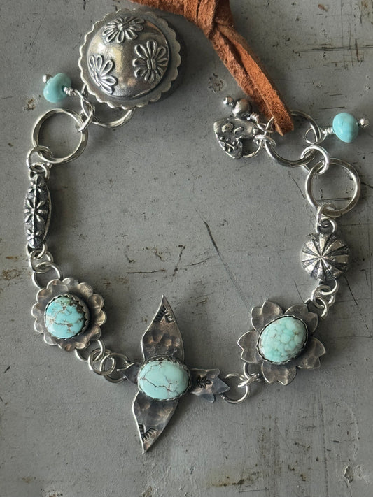 Dry Creek Turquoise sterling and suede leather button bracelet