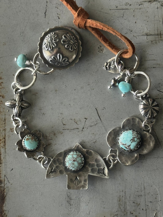 Dry Creek Turquoise sterling and suede leather button bracelet