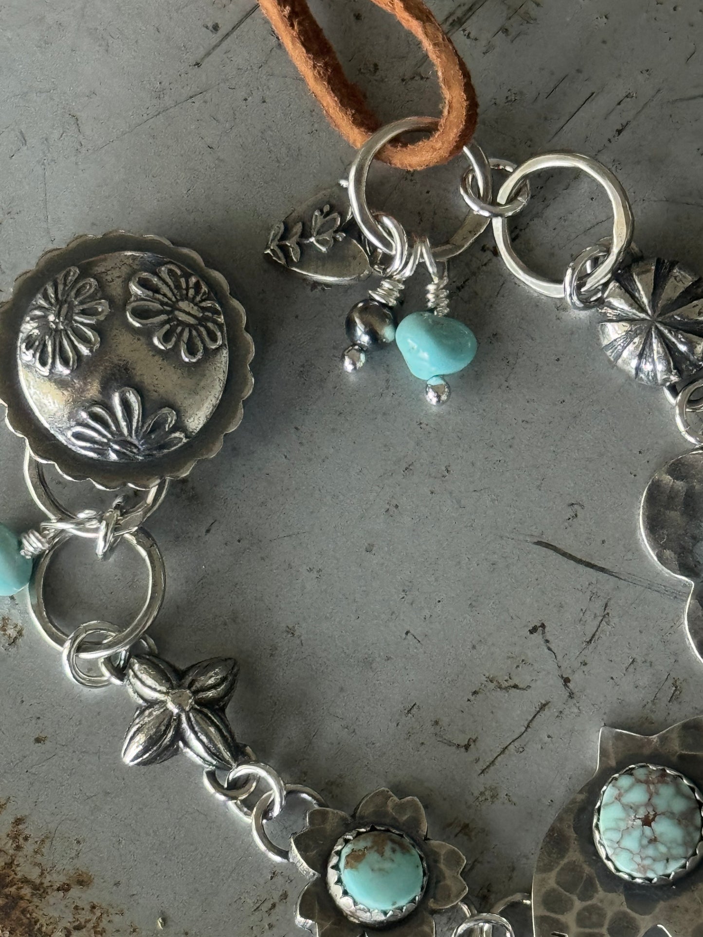 Dry Creek Turquoise sterling and suede leather button bracelet