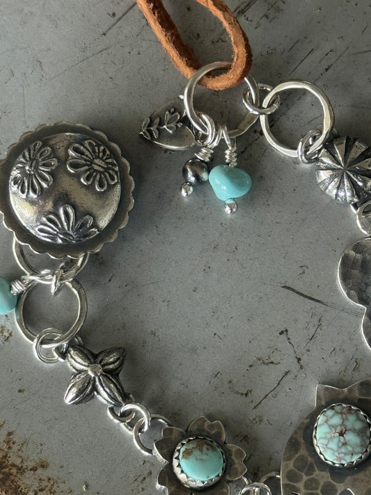 Dry Creek Turquoise sterling and suede leather button bracelet