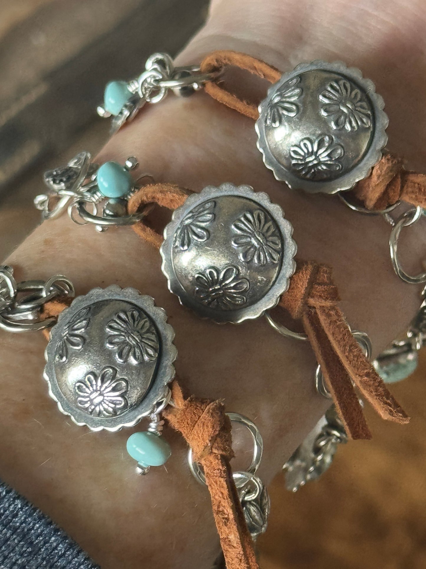Dry Creek Turquoise sterling and suede leather button bracelet