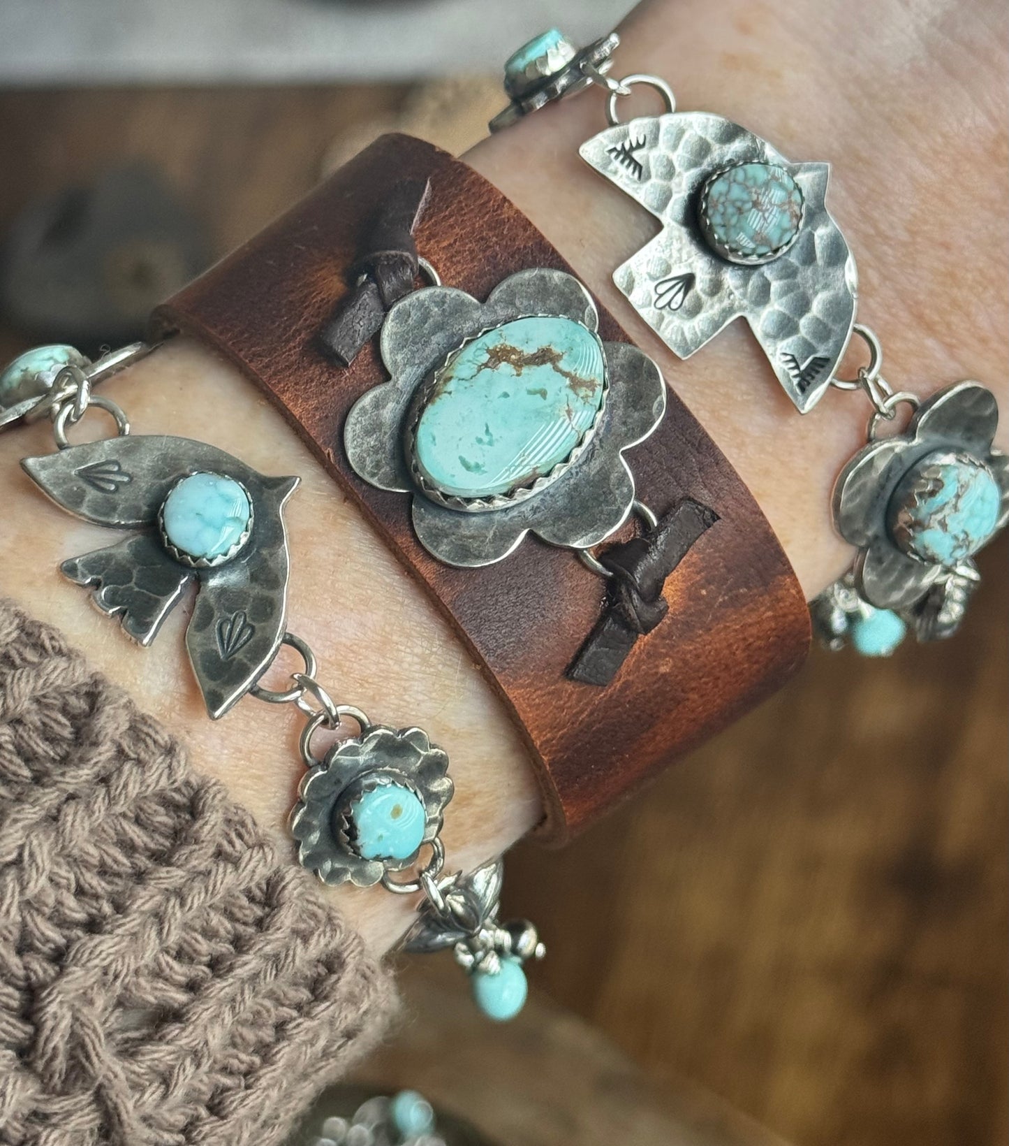 Dry Creek Turquoise sterling and suede leather button bracelet