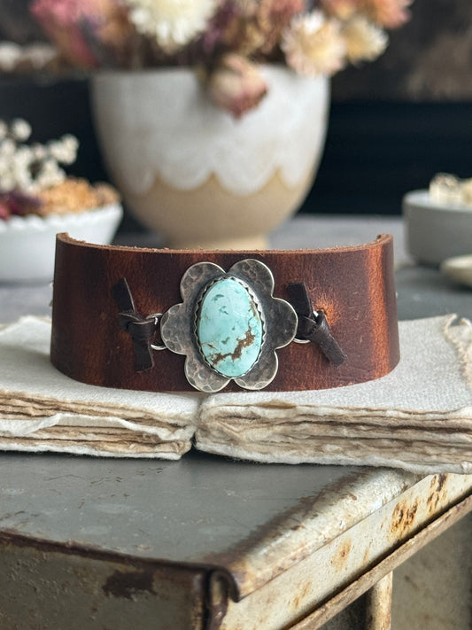 Dry Creek Turquoise sterling flower and leather adjustable bracelet