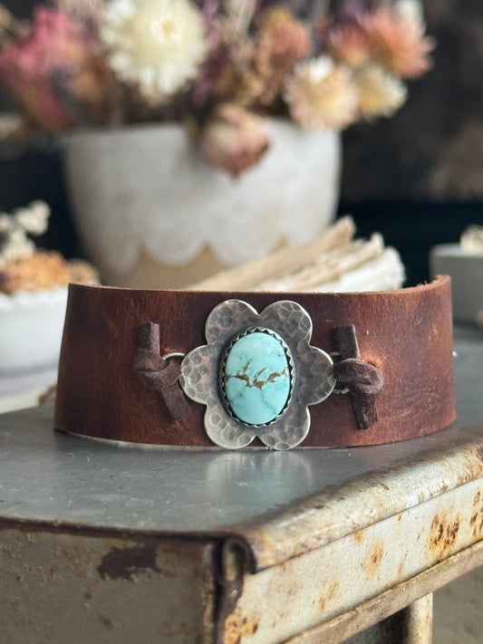 Dry Creek Turquoise sterling flower and leather adjustable bracelet