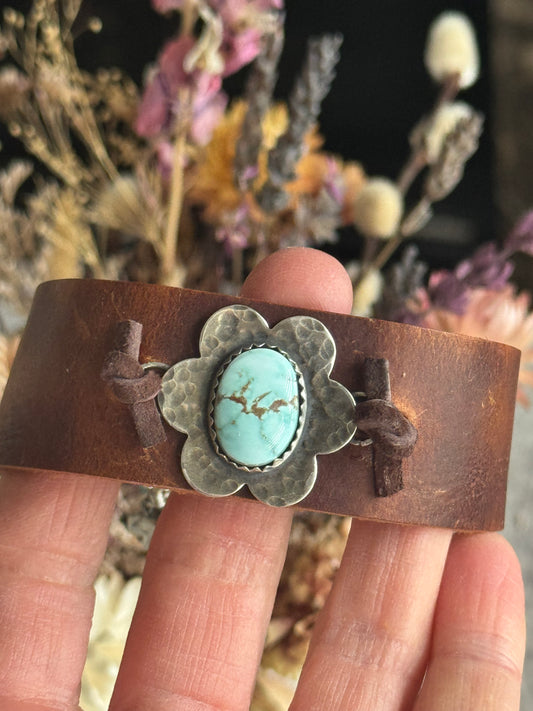 Dry Creek Turquoise sterling flower and leather adjustable bracelet