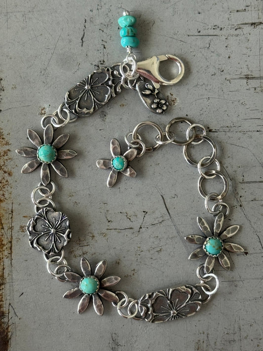 Kingman Turquoise sterling floral bracelet