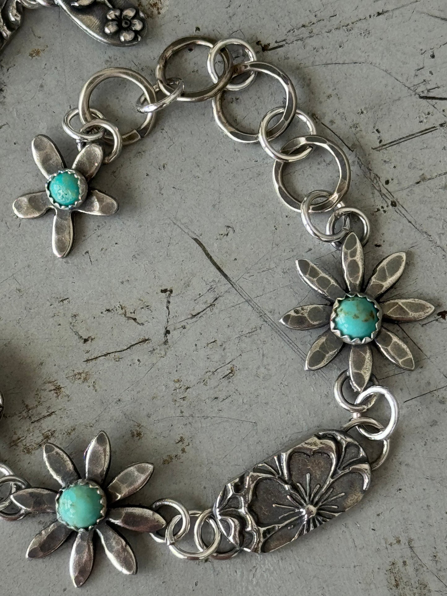 Kingman Turquoise sterling floral bracelet